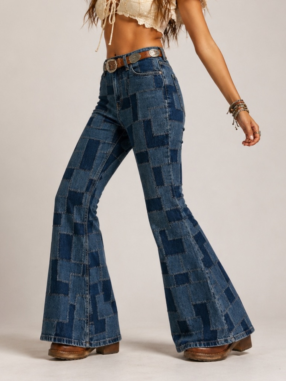 Patchwork Dark Blue Flared Women's Jeans